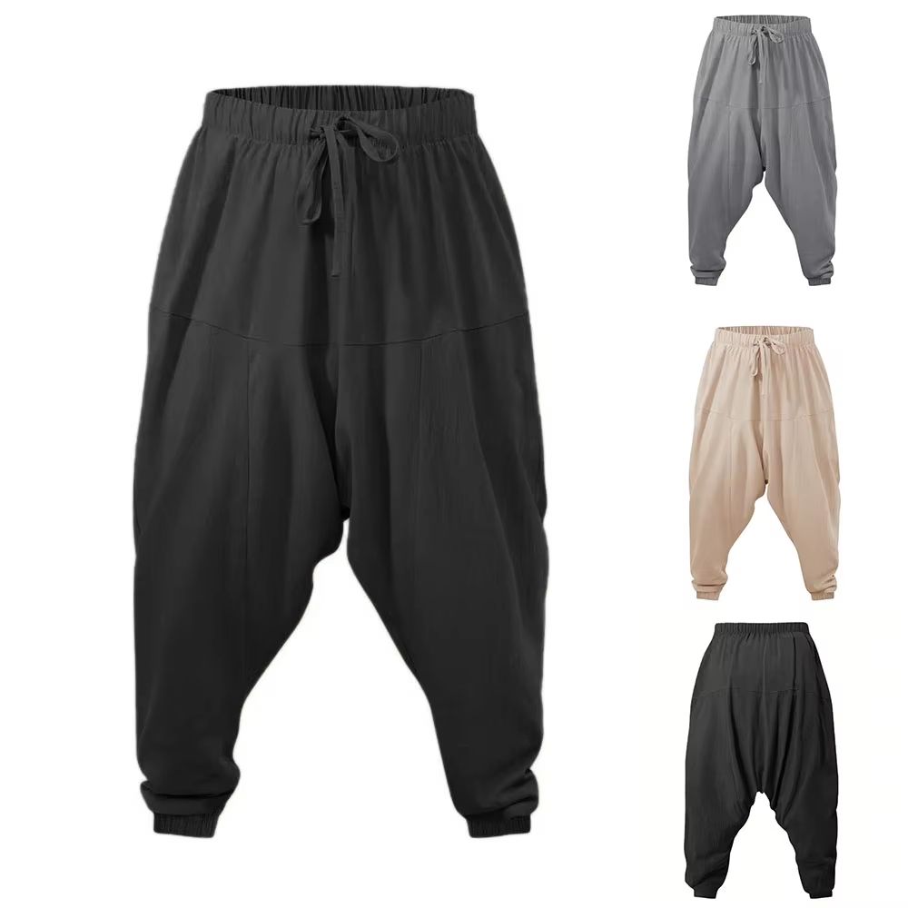 Mens Harem Pants Cotton-Linen, Drop Crotch Loose Fit Streetwear Joggers