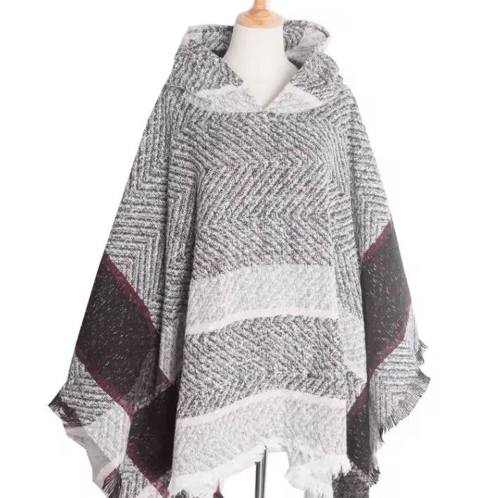 Hooded Fishbone Pattern Women Cape Poncho Autumn Winter Pullover Women Hooded Cloak