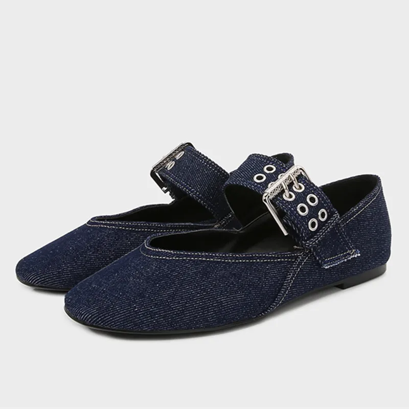 Womens Denim Blue Ballet Flats, Lightweight Designer Mary Jane Shoes with Metal Buckle Strap, Casual Fashion Flats
