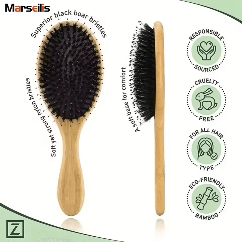 Natural Boar Bristle Hair Brush with Bamboo Handle – Anti-Static Scalp Massage and Detangling Comb