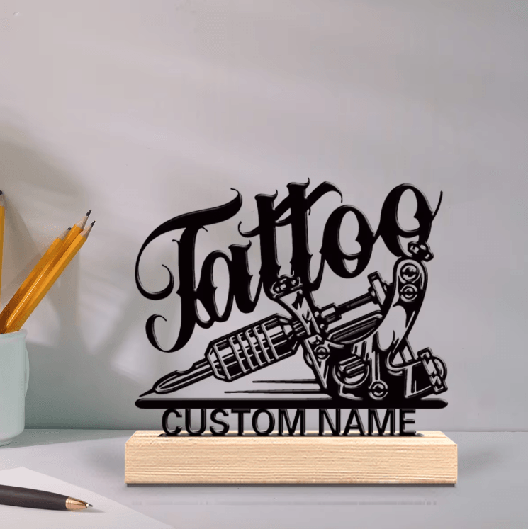 Personalized Tattoo Artist Metal Statue – Custom Desk Sculpture with Wooden Base