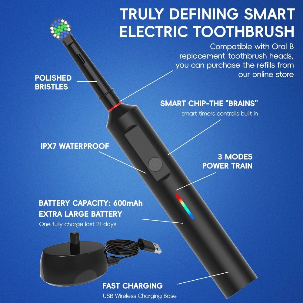 Smart Wireless Charging Rotating Electric Toothbrush 3 Modes Rechargeable