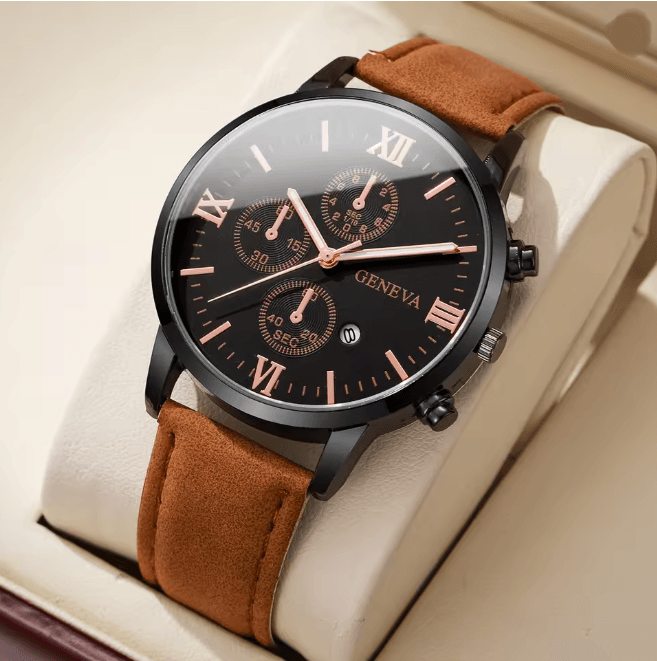 Mens Roman Dial Quartz Watch Leather Band Business Style