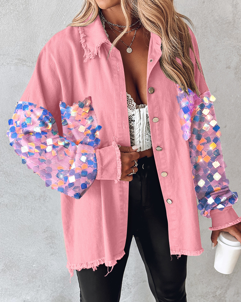 Women's Sequin Shacket Jacket, Colorblock Top with Raw Hem, Turn Down Collar Coat for Spring Autumn