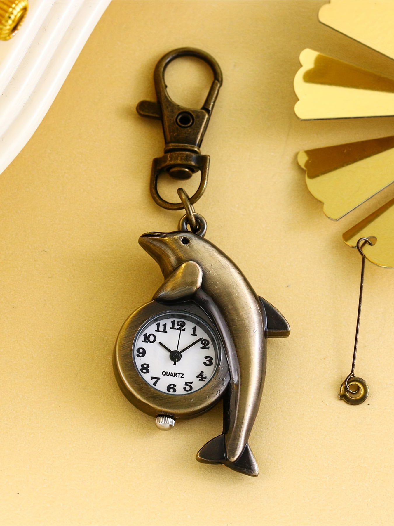 Cartoon Dolphin Keychain Watch Cute Pufferfish Pocket Clip Timepiece
