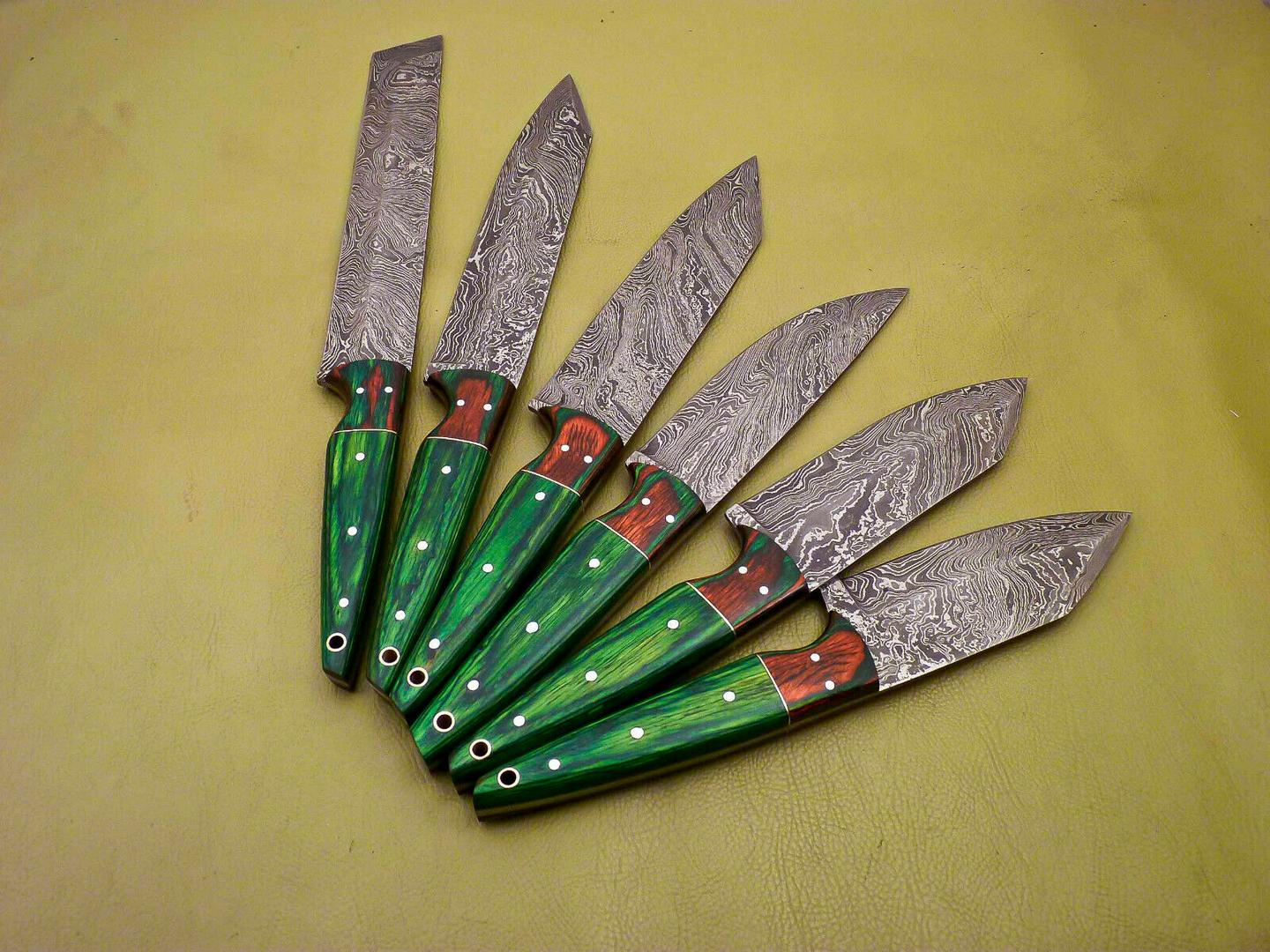 Lot of 6 Custom Damascus Chef Knives – Full Tang Kitchen & Skinning Set