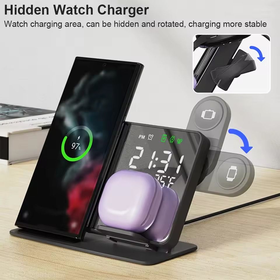 3-in-1 Wireless Charging Station with Alarm Clock for Samsung Galaxy Watch and Smartphones