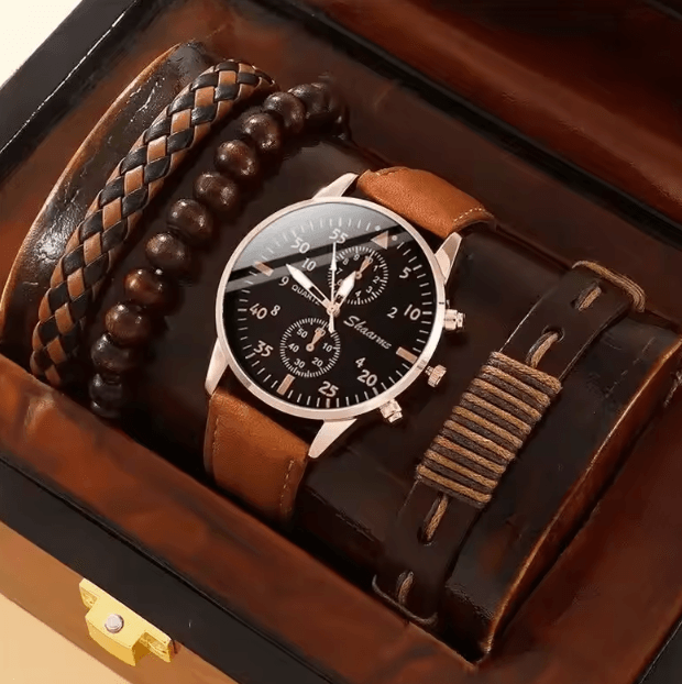 5PCS Mens Quartz Watch and Bracelet Set Leather Strap Business Casual Fashion Wristwatch Gift Set