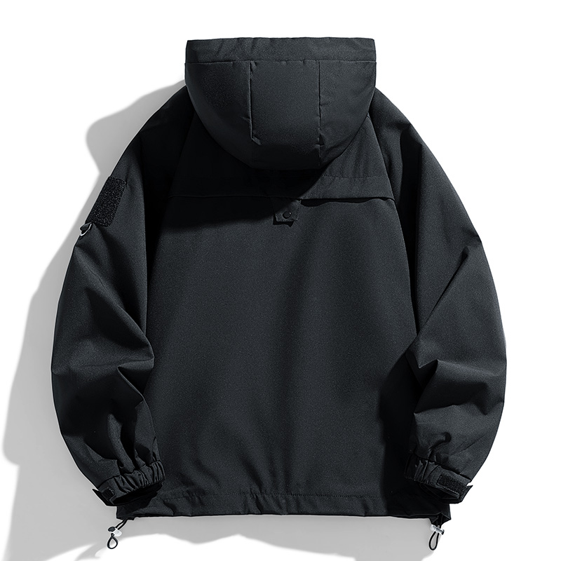 Windbreakers Men Hooded Jacket, Zipper Coat Cargo, Waterproof Black Bomber, Camping Loose Thin Softshell Hiking Jacket
