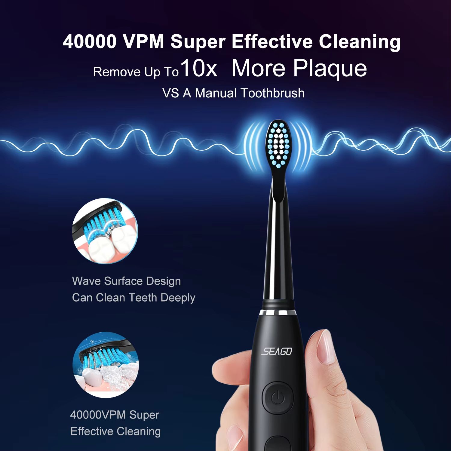 Seago Sonic Electric Toothbrush – USB Rechargeable with 360-Day Battery & Travel Case