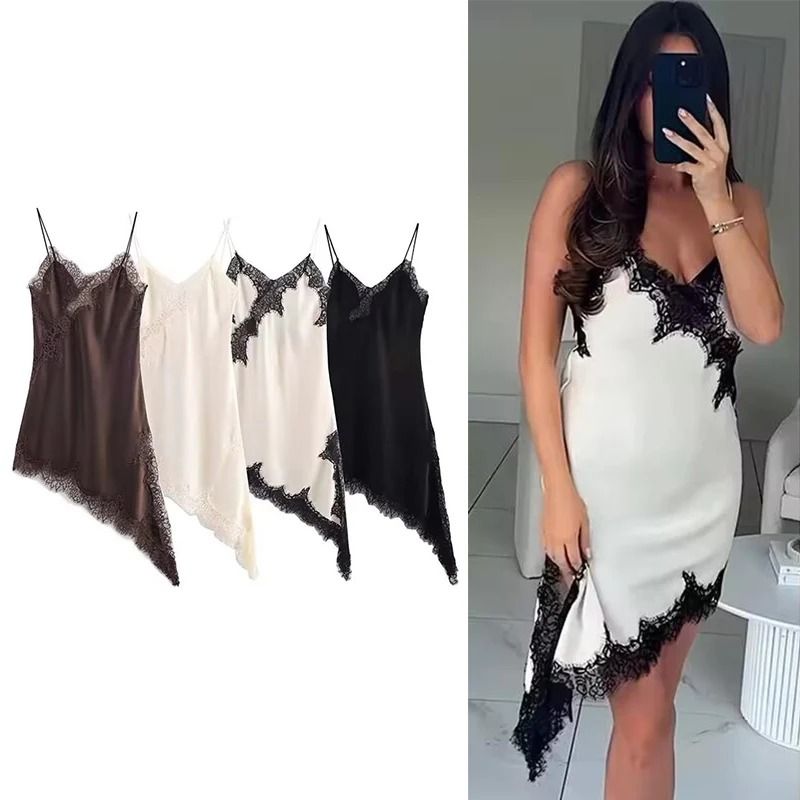 Women Fashion Sexy V Neck Lace Elegant Halter Dress Asymmetric Hem