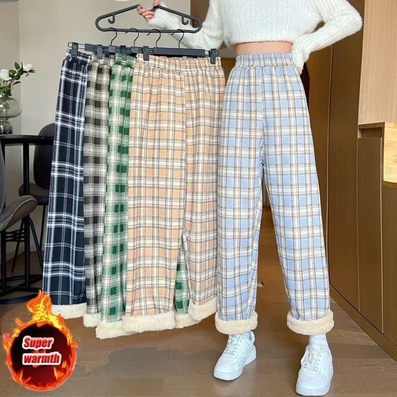 Women's Plush Wide Leg Plaid Pants Warm Cashmere Style Loose Winter Trousers