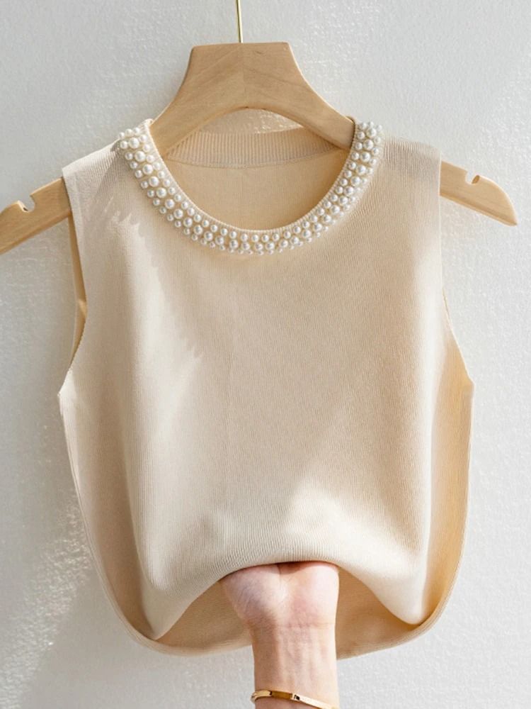 Knitted Sleeveless Beaded Tank Top Women Solid Summer Thin Fashion Vest