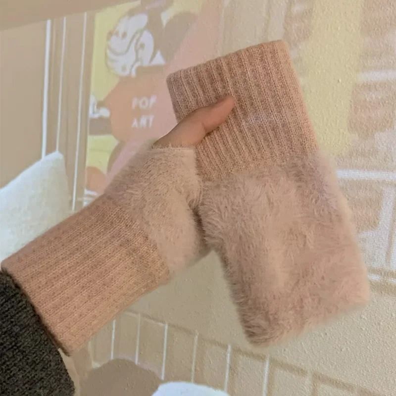 Soft Winter Half Finger Women Gloves Warm Plush Knitted Fingerless Mittens