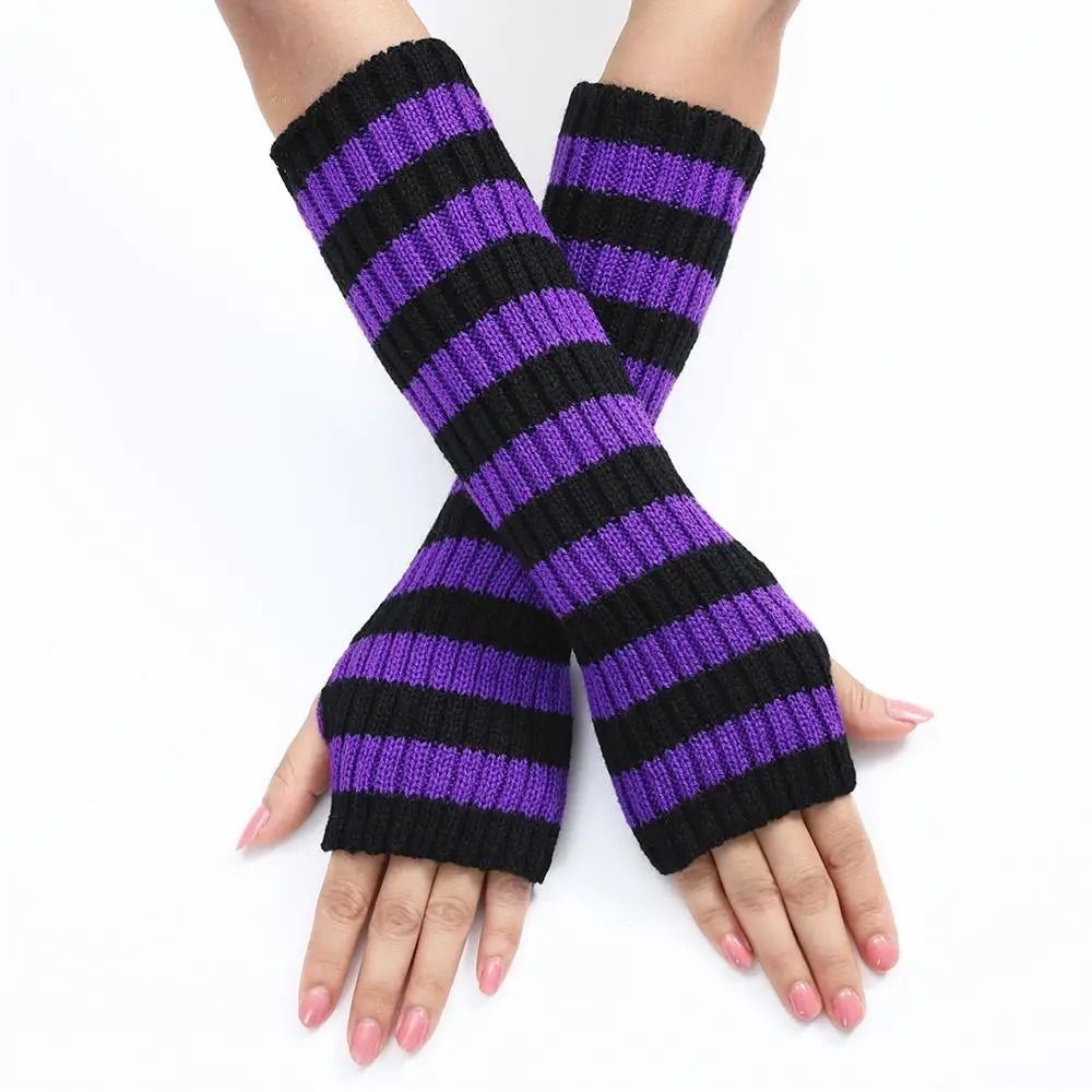Gothic Striped Fingerless Arm Warmers - Harajuku Y2K Knit Sleeves