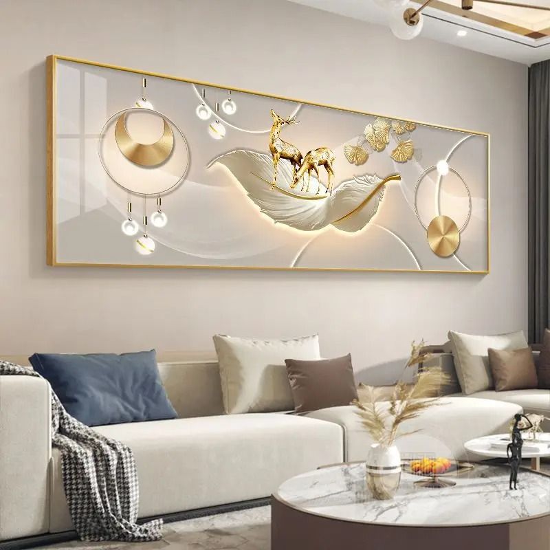 Chinese Style Golden Leaves & Deer Canvas Art | Feng Shui Mountain Poster | Luxury Feather Wall Art for Living Room