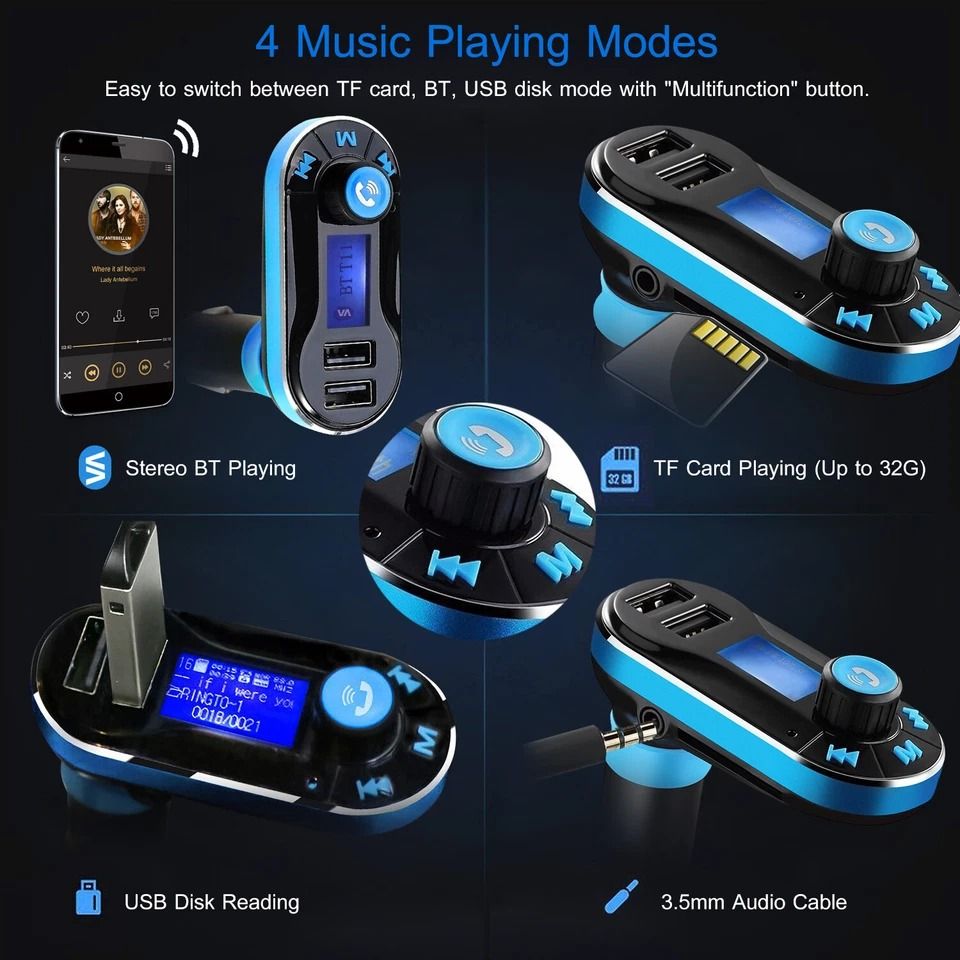Wireless Car FM Transmitter, MP3 Player Radio Adapter Kit, Fast Charging, LCD Remote Control, Hands-Free Calls