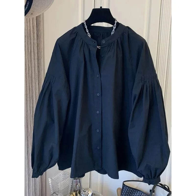 Womens Stand Collar Lantern Sleeve Shirt Korean Chic Oversized Button Up Blouse
