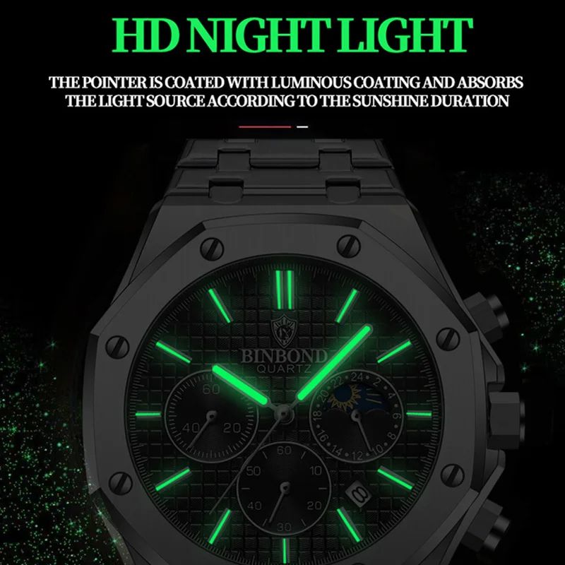 BINBOND B0161 Luxury Stainless Steel Men's Quartz Watch with Luminous Date & Chronograph