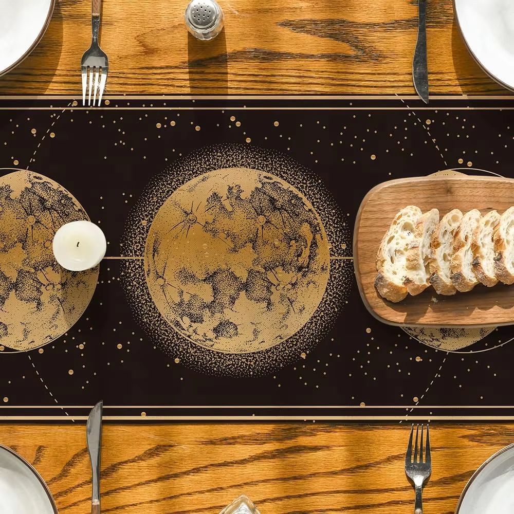 Mystical Moon Phase Linen Table Runner with Astrology Celestial Design
