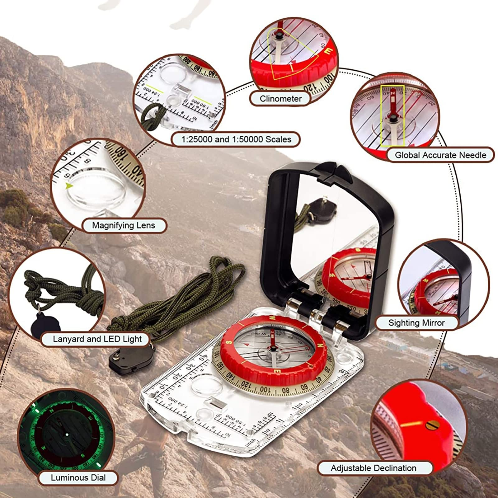 Precision Orienteering Compass with Mirror and LED for Hiking and Survival Navigation