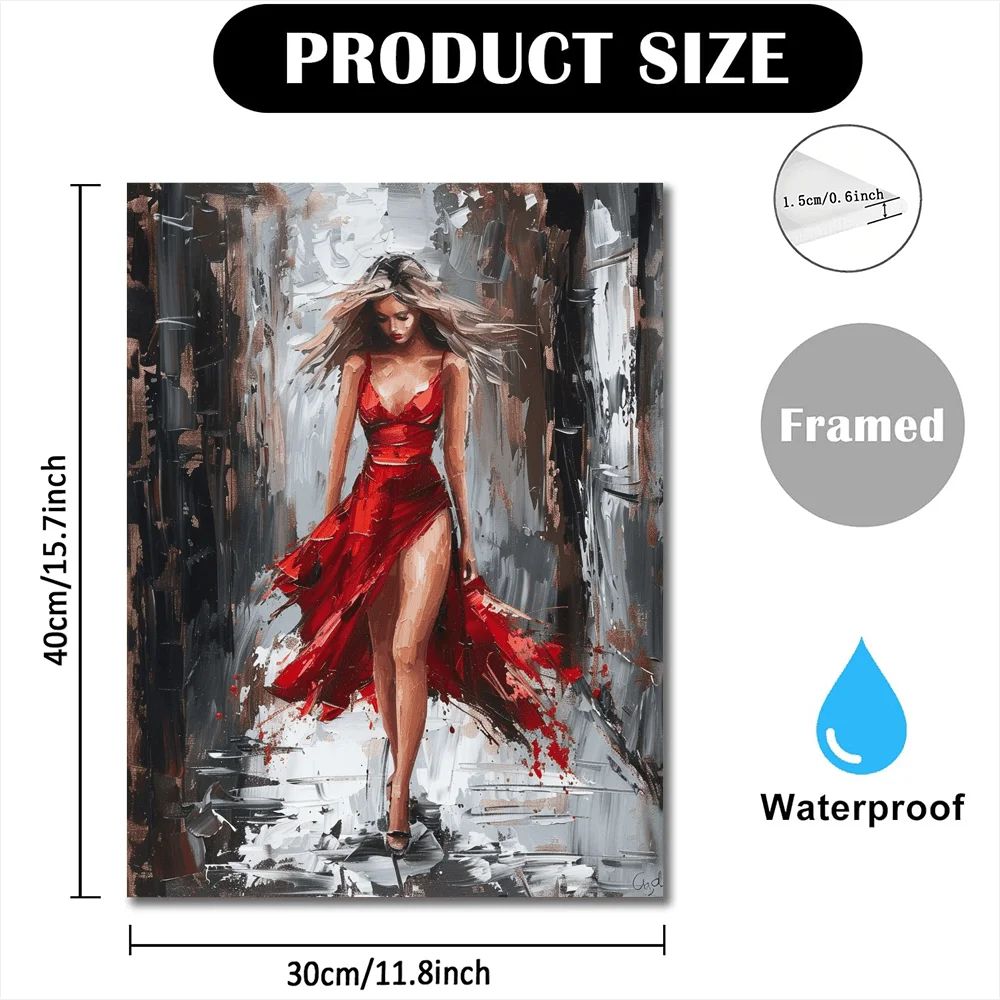Elegant Woman Red Dress Canvas Wall Art Framed Modern Decor