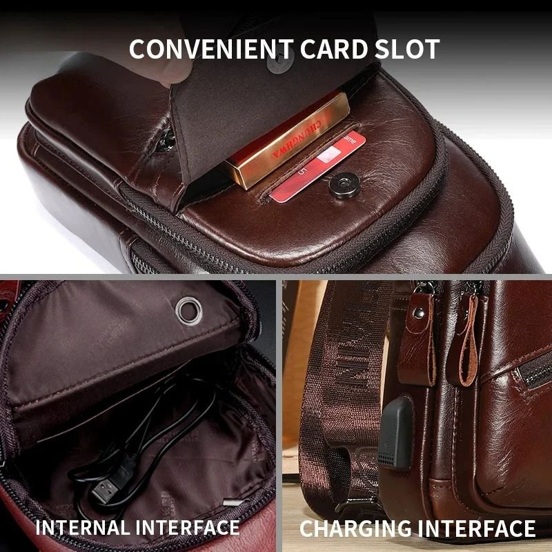 BULLCAPTAIN Mens Leather Chest Bag Large Capacity Casual Crossbody Sling