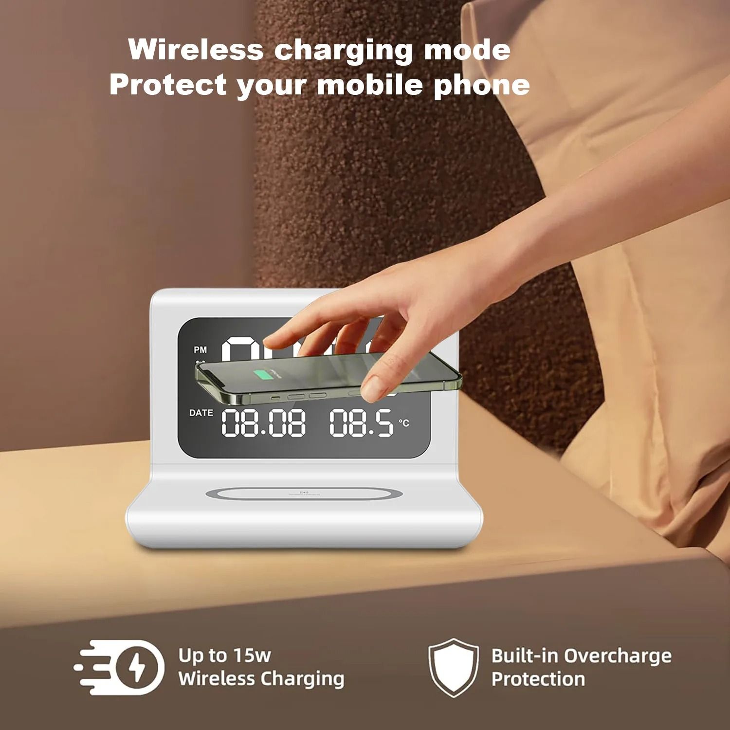 Wireless Charging Pad Stand with Alarm Clock and Thermometer