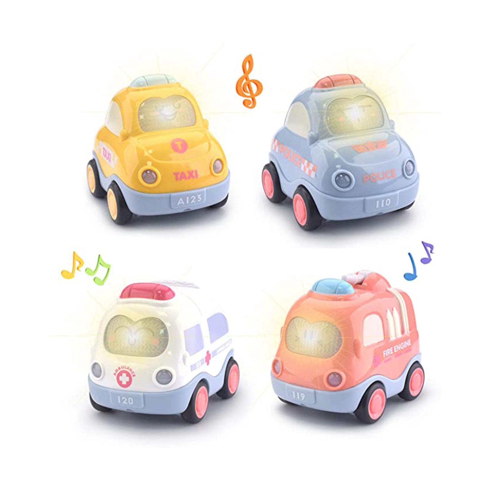 Pull Back Cars for Toddlers, Police Car, Ambulance, Fire Truck, Taxi with Lights and Sound