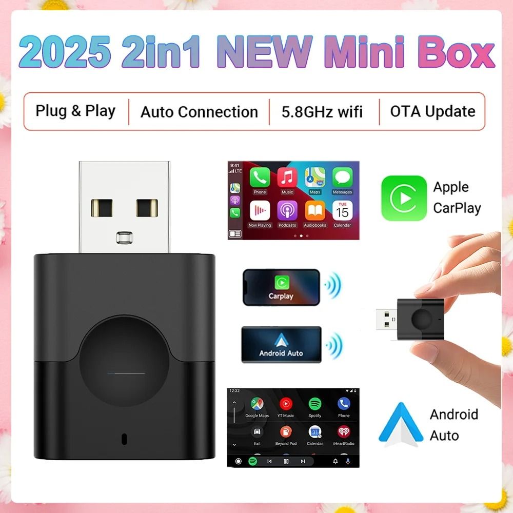 Wired to Wireless CarPlay and Android Auto 2-in-1 Mini Adapter Dongle Universal Bluetooth WiFi Plug and Play