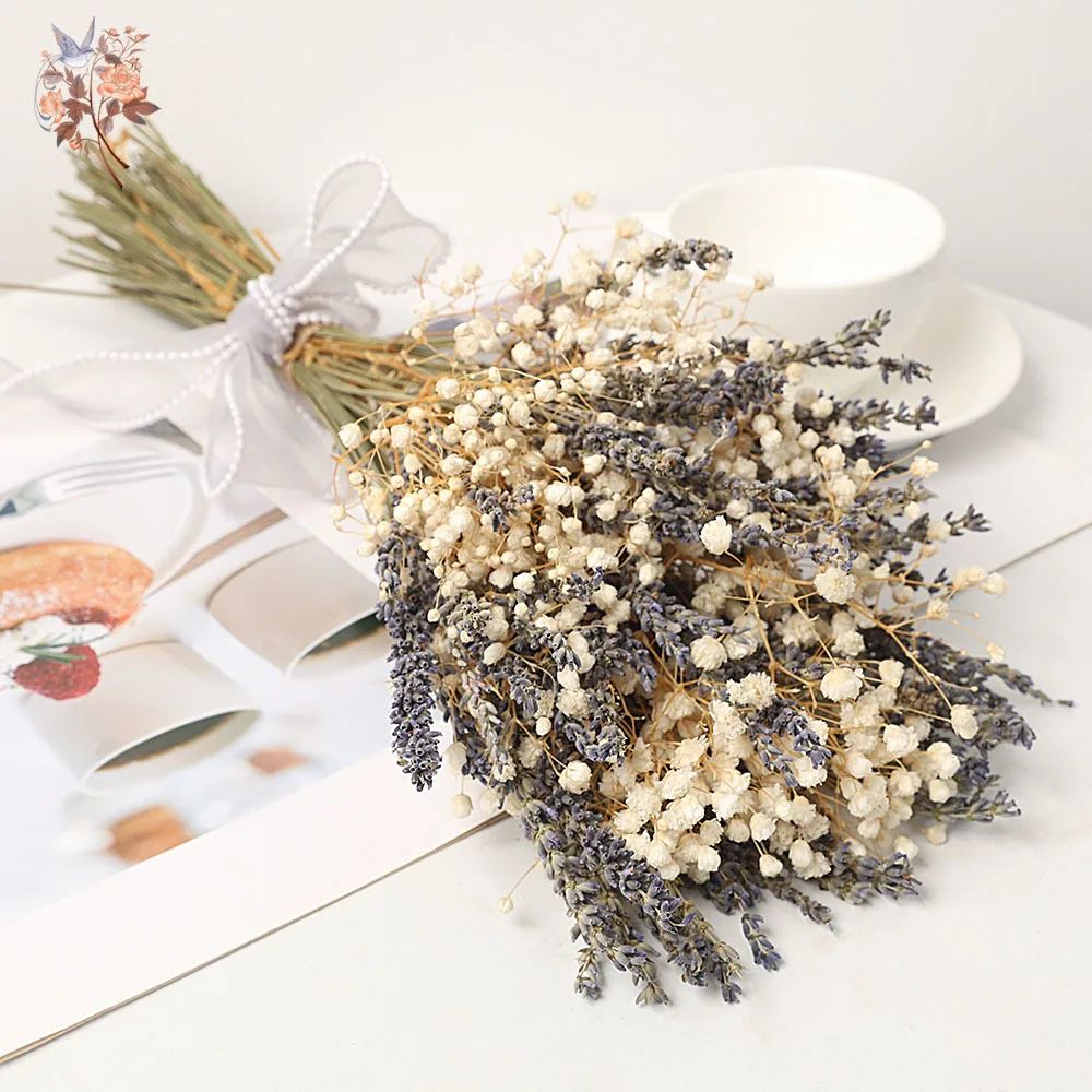 Lavender Bliss Dried Lavender Bouquet with Baby's Breath for Romantic Home & Wedding Decor
