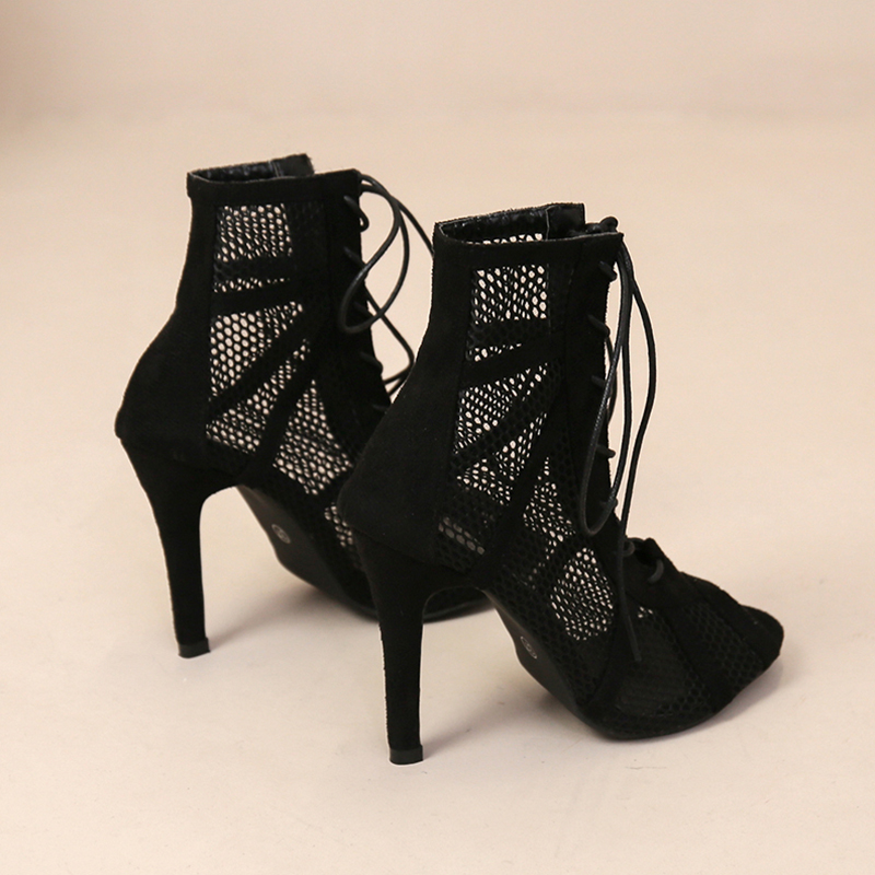Women Summer Sexy High Heels Hollow Mesh Sandals Peep Toe Cross-tied Ankle Strap Net Heeled Dance Shoes