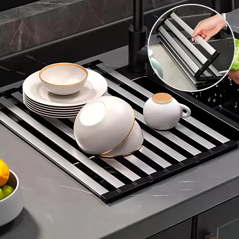 Stainless Steel Kitchen Sink Drain Rack, Fold able Telescopic Dish Rack, Space-Saving Drain Basket
