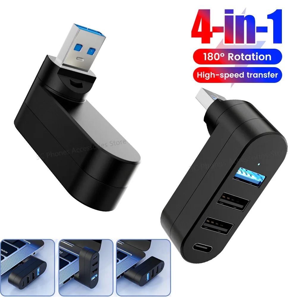 FlexiPort Rotatable USB 3.0 Hub – 4-Port Type-C & USB Splitter for Laptop and MacBook