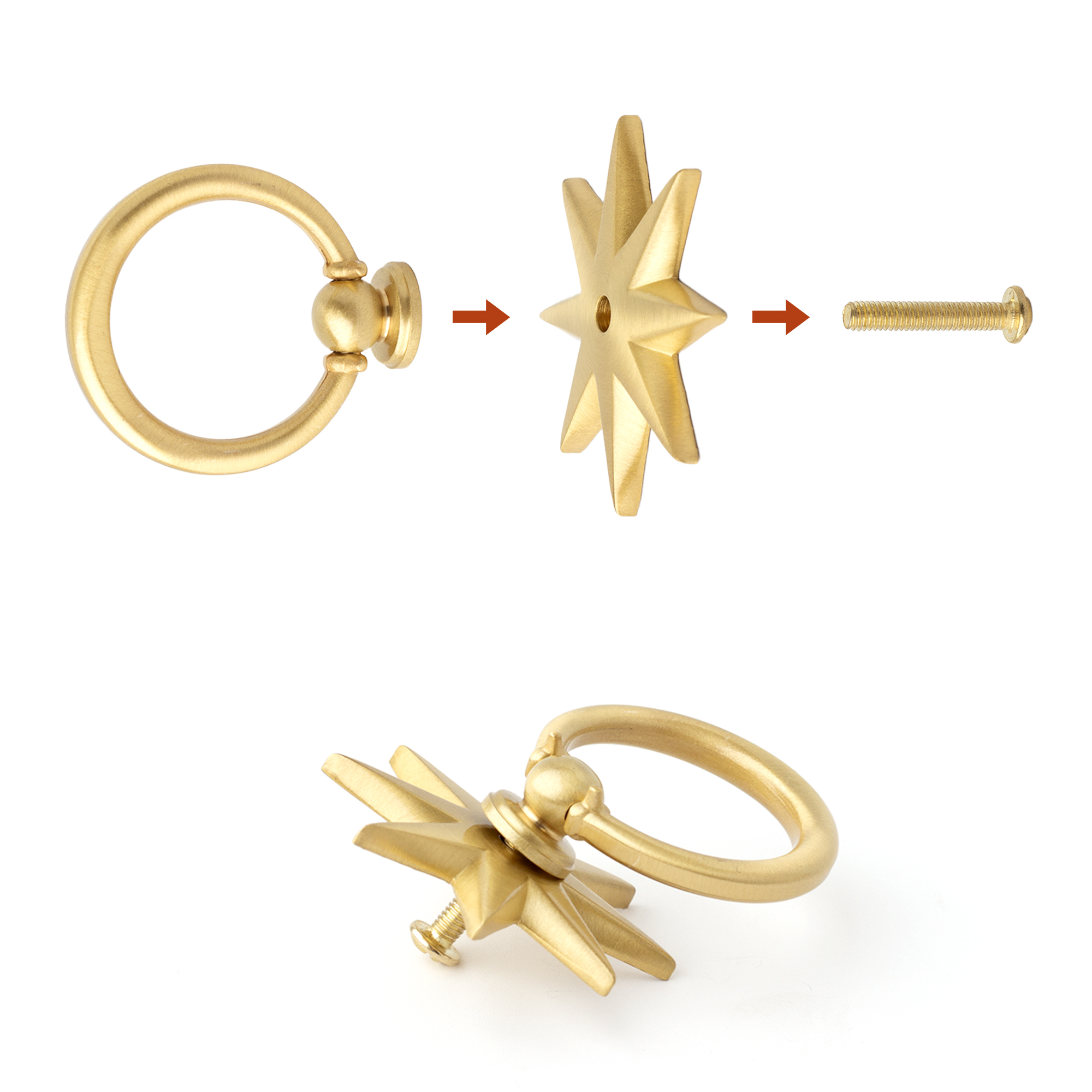 Antique Brass Star Ring Pulls Solid Brass Cabinet Knobs