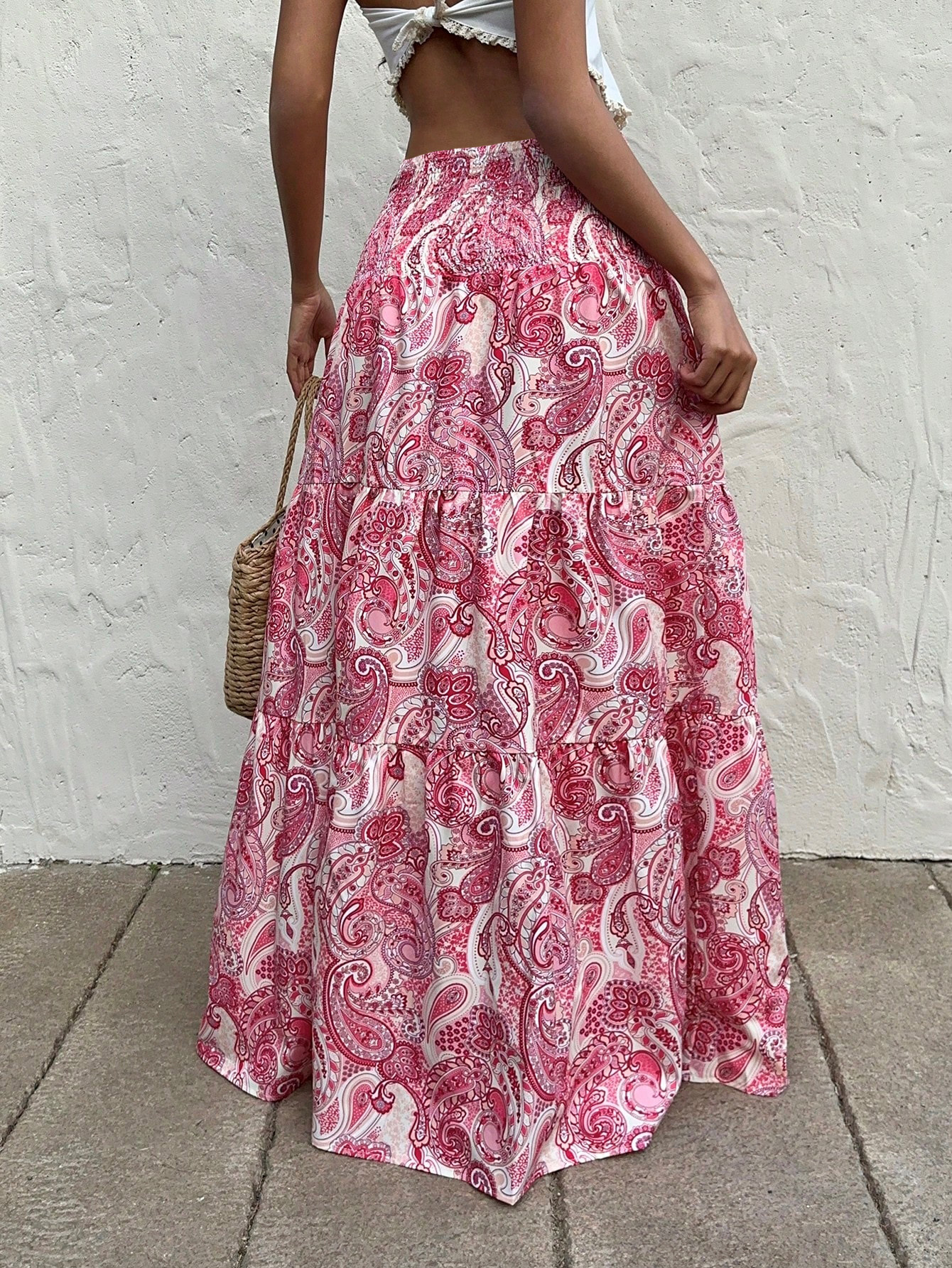 Stretchy Waist Long Maxi Skirt, Flowy Vacation Style Beach Skirt with Elastic Waistband