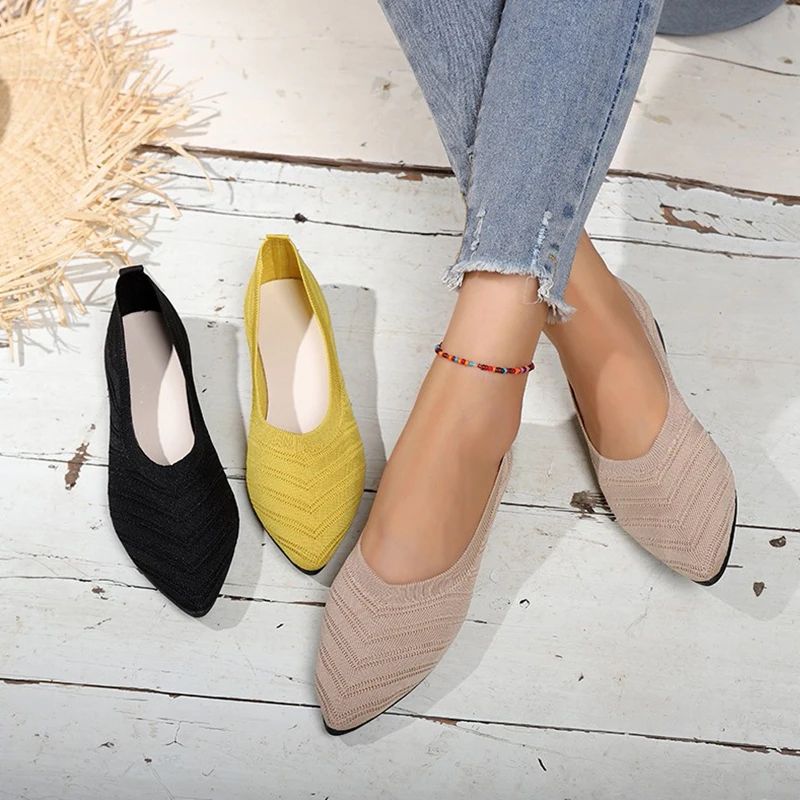 Elegant Knit Comfort Womens Pointed Toe Flats – Breathable Slip-On Ballet Loafers