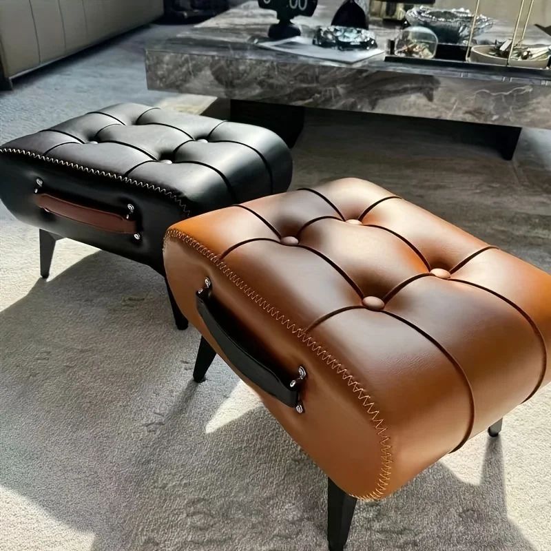 Oil and Wax Leather Footstool Multifunctional Low Stool for Living Room and Bedroom