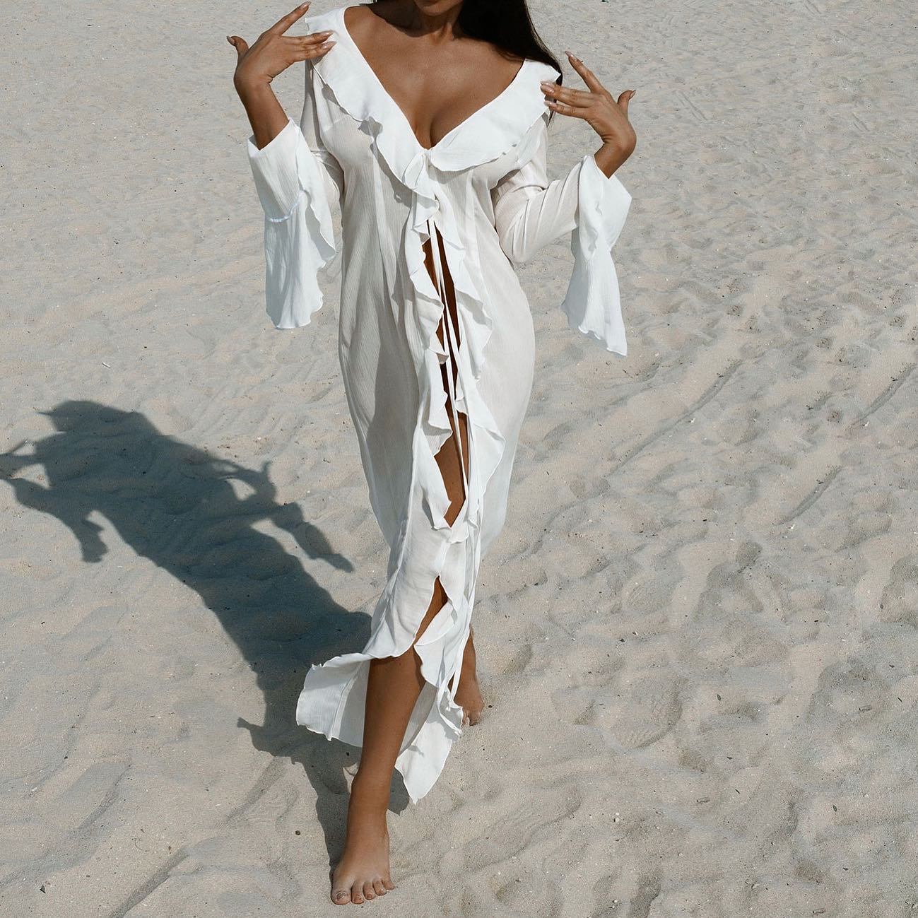 Womens Clothing Beachwear Dress, Black White V Neck, Ruffled Long Sleeve Sunscreen Cover Dress
