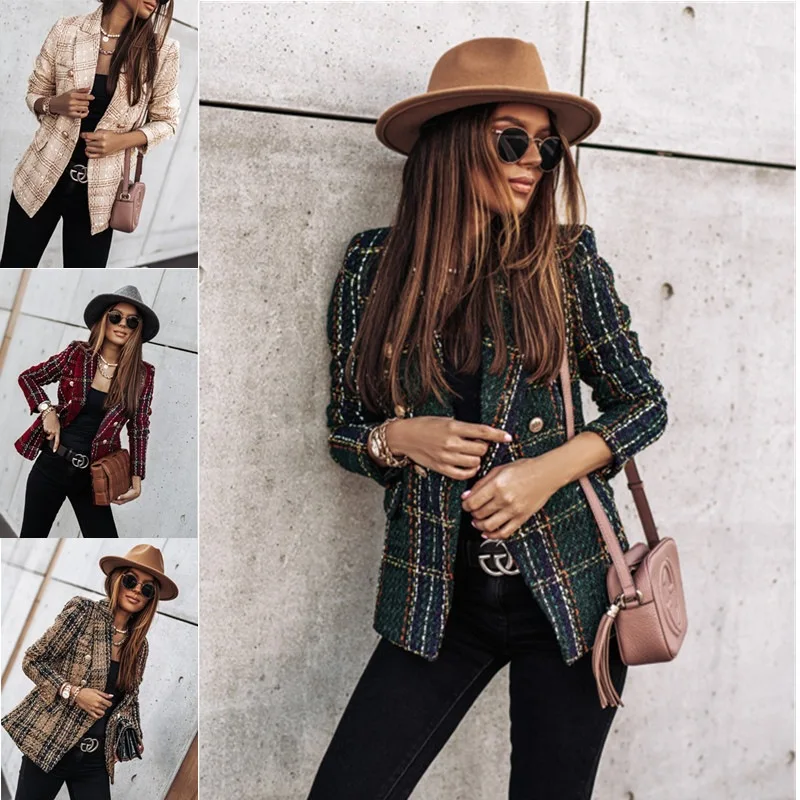 Women's Printed Suit Jacket, Autumn Winter New Style, Long Sleeve Double Button Blazer, Regular Fit Polyester Fiber