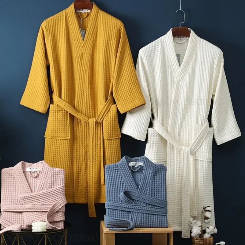 Cotton Waffle Kimono Bathrobe Yukata Style Couple Loungewear