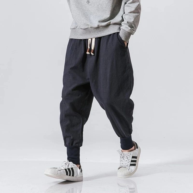 Men's Cotton Linen Harem Jogger Pants – Baggy Drop-Crotch Elastic Waist Casual Streetwear Trousers