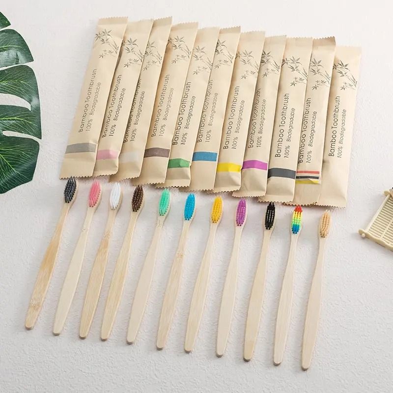 Natural Eco-Friendly Bamboo Toothbrush Set with Individual Cowhide Wrap 10-Piece Value Pack