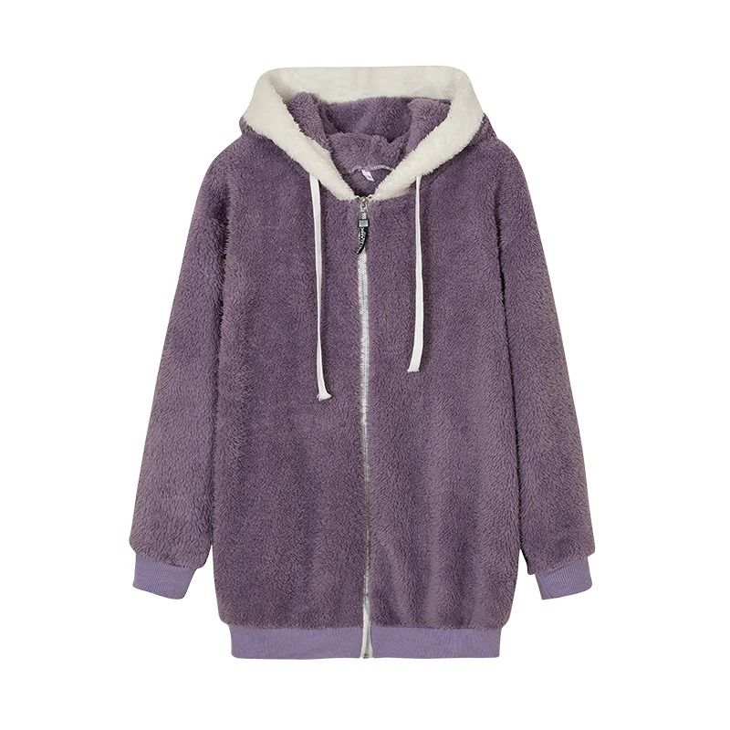 Cozy Womens Plush Hooded Jacket Loose Zip Up Winter Fleece Coat