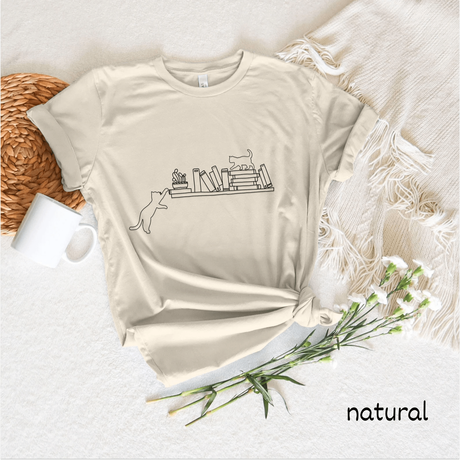 Cute Cat Book Shirt for Women Book Lover Botanical Reading Tee Funny Bookish Casual Top