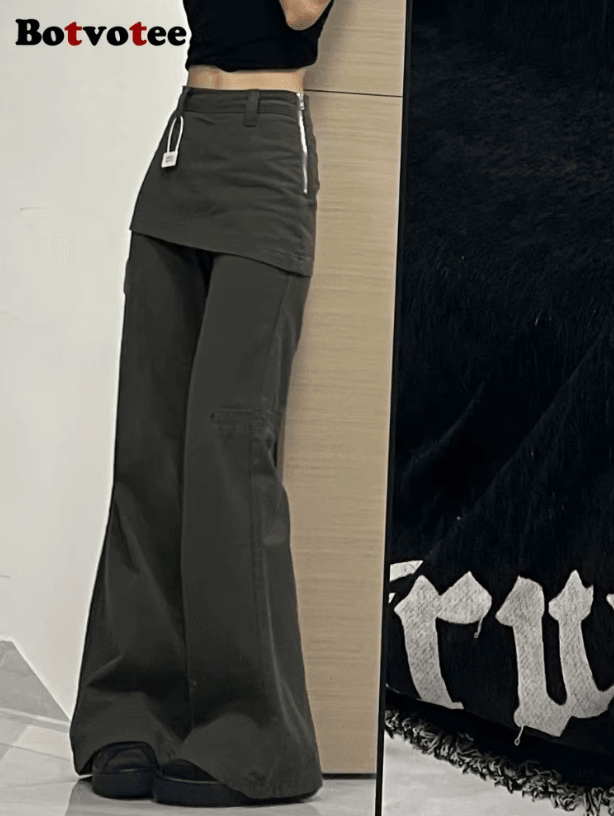 Botvotee Y2K Wide Leg Jeans for Women – High Waisted Plus Size Flare Denim Pants with Fake Two-Piece Streetwear Design
