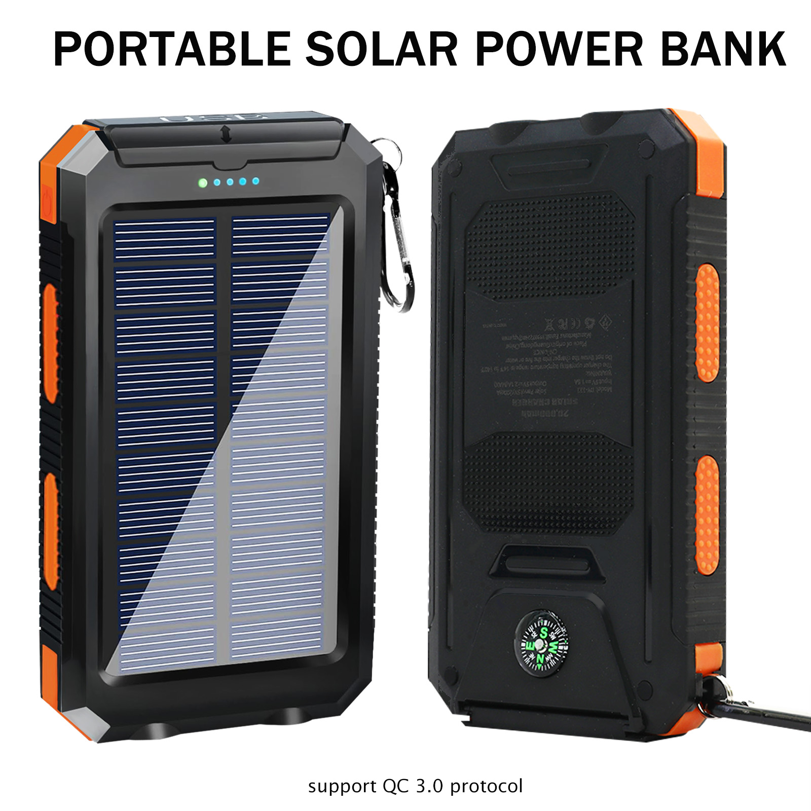 Waterproof Solar Power Bank , Dual 5V USB Ports with LED Flashlight, Compass for Outdoor Use