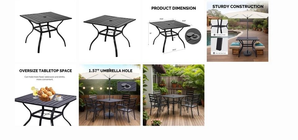Outdoor Metal Bar Table with Umbrella Hole Durable Slatted Design