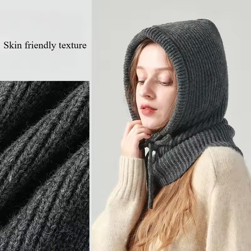 Winter Ski Mask with Warm Scarf – Hooded Balaclava Knit Beanie Hat with Thick Drawstring