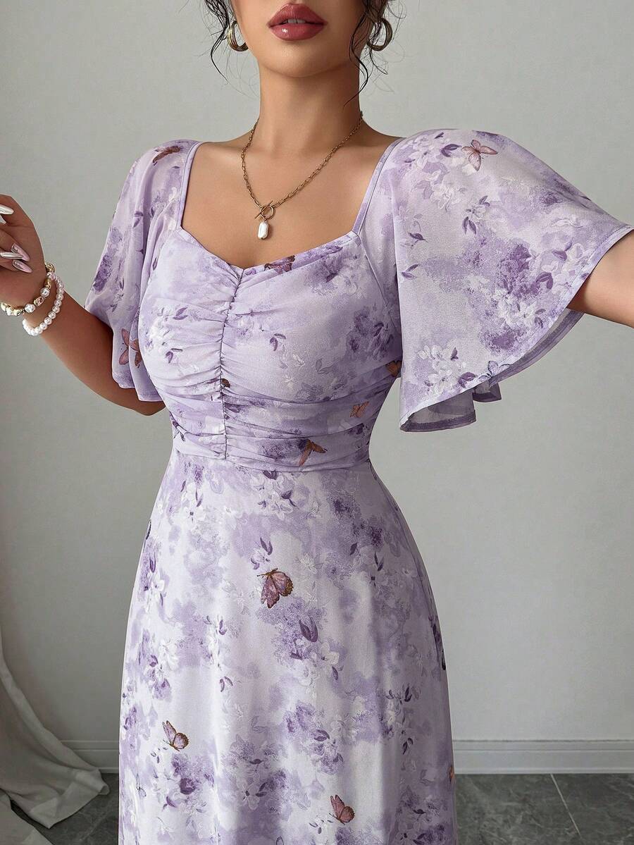 Womens Sweet French Style Mini Dress, Purple Butterfly Print, Batwing Sleeves Back Zipper Elegant Chic